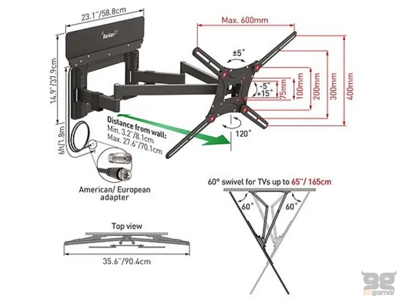 BARKAN VTM464L LCD TV zglobni zidni nosač do 90 inča sa ugrađenom sobnom antenom 