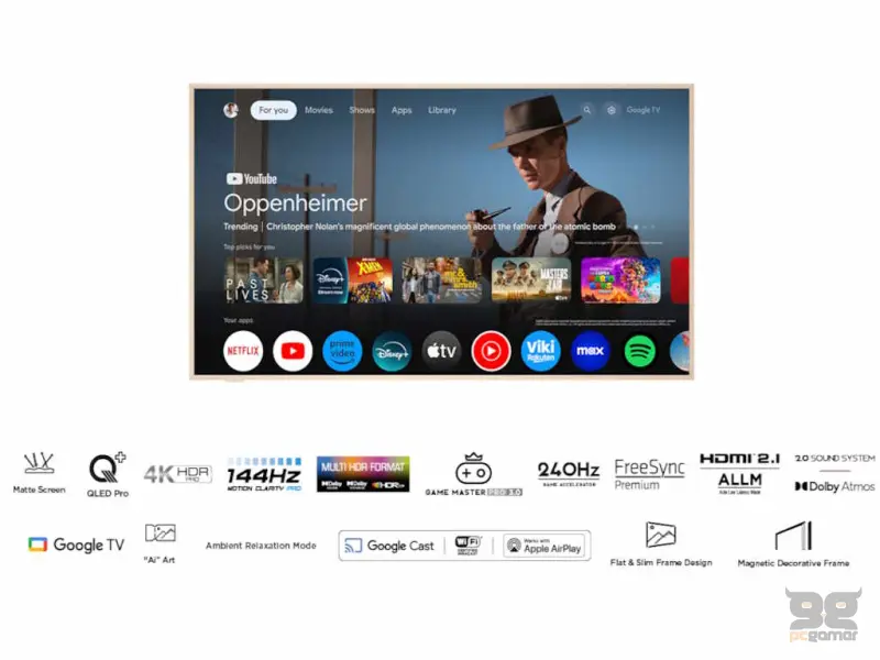 TCL 55A300W NXTFRAME QLED TV 55", Google TV smart, Panel refresh 120 Hz, AIPQ Processor