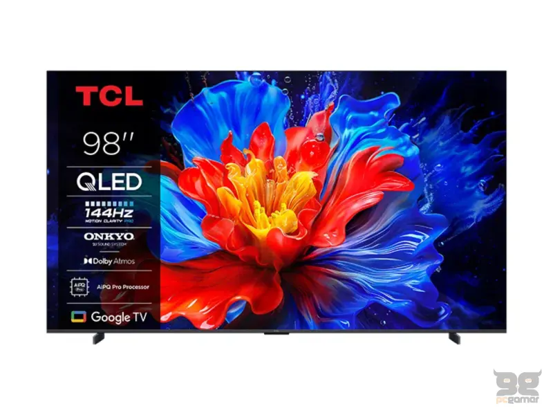 TCL 98P8K QLED TV 98" ultra HD, AiPQ Pro CPU, 144Hz refresh rate, Onkyo 1.2 Hi-Fi system, ultra slim