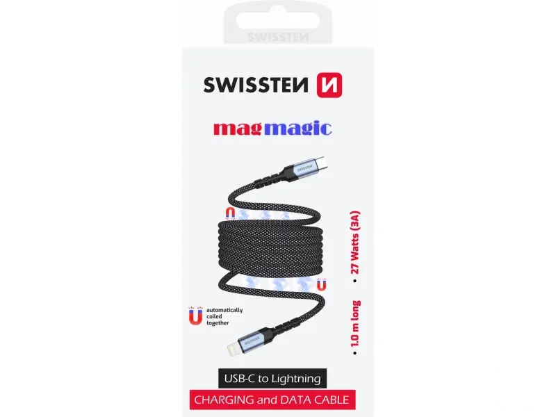 Swissten Data kabl Magnetic Self-Winding USB-C/Lightning - 1m