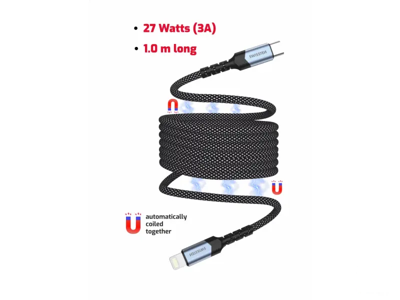Swissten Data kabl Magnetic Self-Winding USB-C/Lightning - 1m