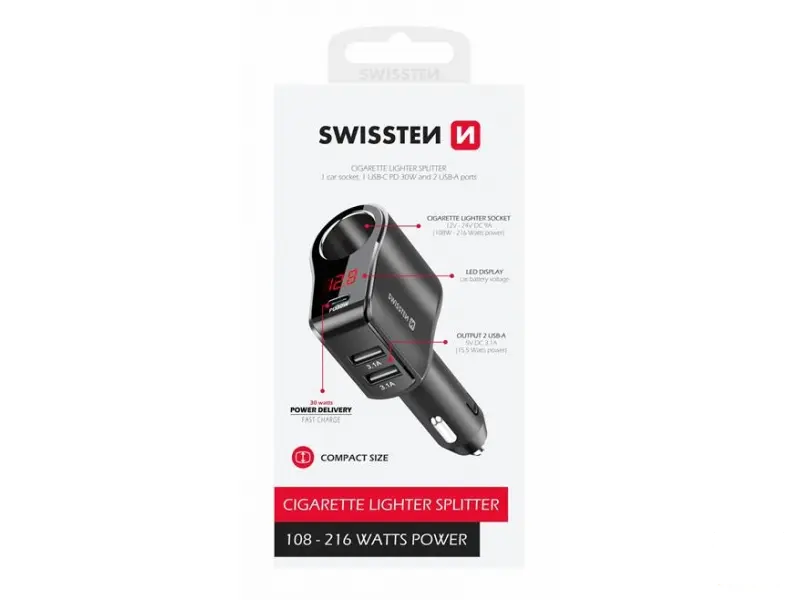 Swissten CAR CHARGER ADAPTER, CIGARETTE LIGHTER 1x CL, 1x USB-C PD, 2x USB-A, OUTPUT POWER 108W - 216W