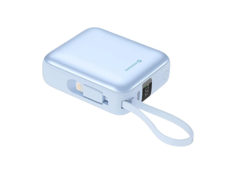 Swissten POWER BANK SPACE 10000 mAh WITH BUILT-IN CABLES USB-C AND LIGHTNING BLUE