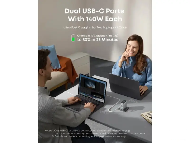 ANKER 140W GaN zidni brzi punjač, 4-porta (3x USB-C i 1x USB-A) sa USB-C M/M pletenim kablom, srebrni 