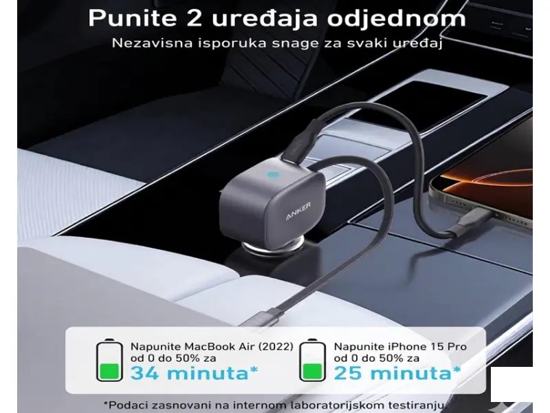 ANKER Nano 75W, sa ugrađenim USB-C kablom na izvlačenje i USB-C portom, auto punjač 