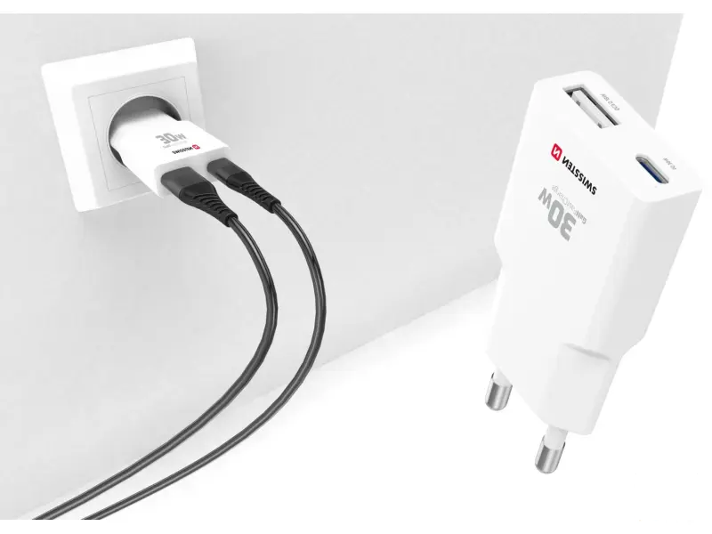 Swissten Travel Charger Slim GaN USB-C / USB 30W - White