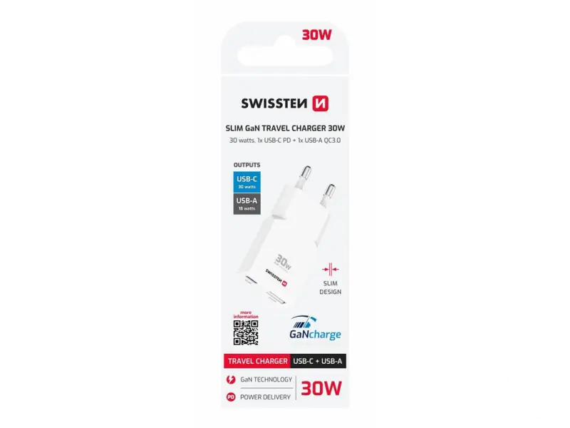 Swissten Travel Charger Slim GaN USB-C / USB 30W - White