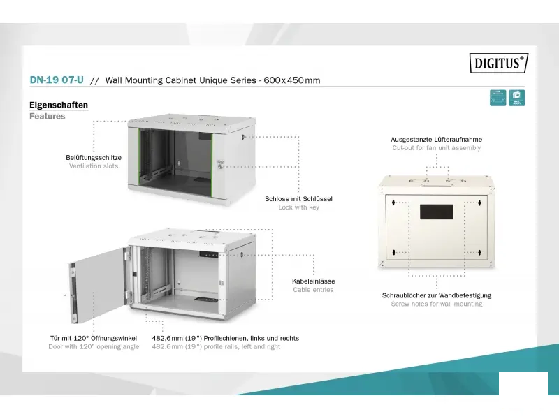 Digitus 7U wall mounting cabinet, 19"  Unique 420x600x450 mm, color grey (RAL 7035)