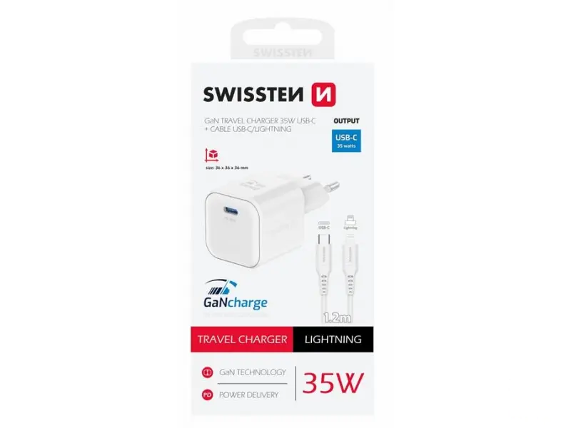 Swissten Travel charger 1x USB-C 35W PD white, data cable USB-C/Lightning 1.2, white