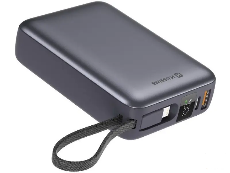 Swissten Power bank 20000 mAh with built-in cables USB-C and Lightning Space silver