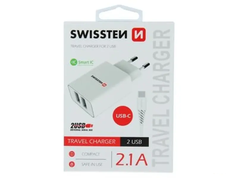Swissten Travel charger 2x USB 2, 1A power + data cable USB / type C 1.2m White