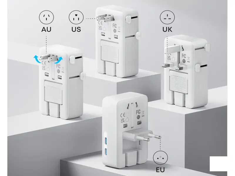 ANKER Nano 20W putni zidni punjač 5-portova (2x USB-A, 2x USB-C, utičnica EU na US, UK, AU i EU), beli 