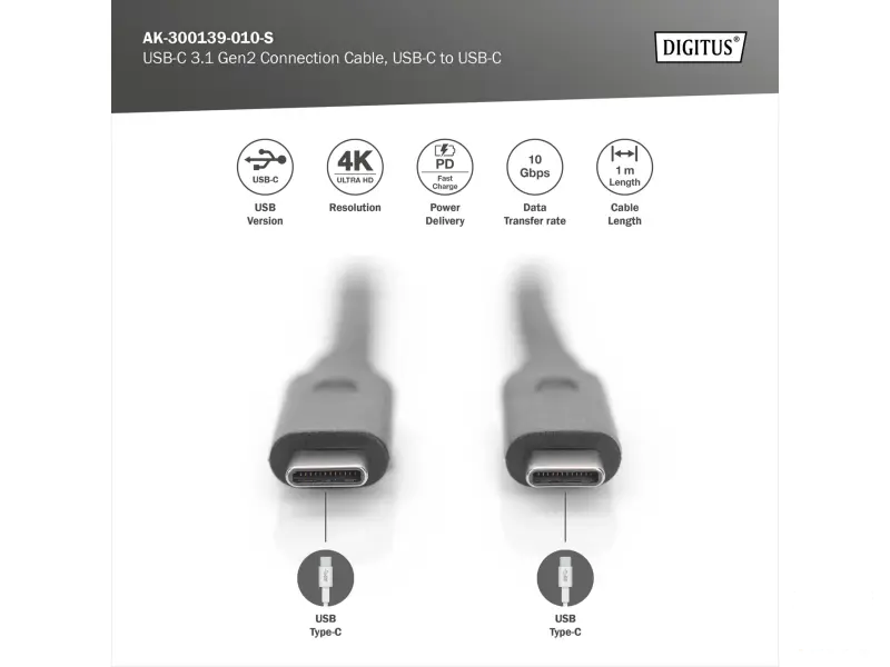 Digitus Kabl USB Type-C to Type-C, 20V/5A 100W, USB 3.2 10Gbps, 1m, crni