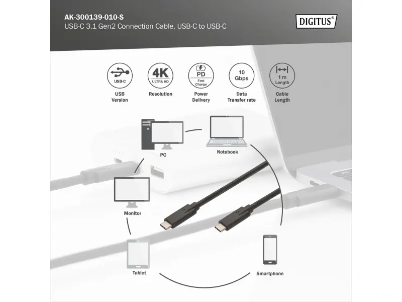 Digitus Kabl USB Type-C to Type-C, 20V/5A 100W, USB 3.2 10Gbps, 1m, crni