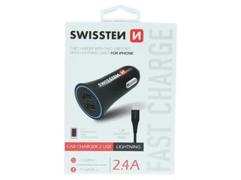 Swissten Car charger 2.4A Power, 2x USB + cable lightning