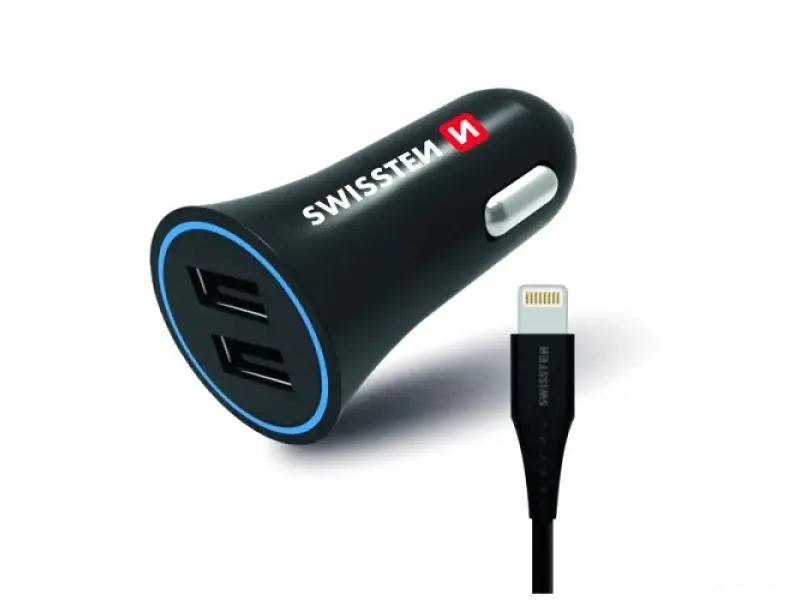Swissten Car charger 2.4A Power, 2x USB + cable lightning