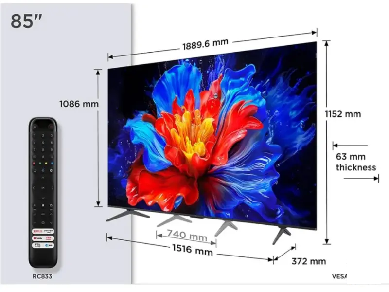 TCL 85P8K QLED TV 85" ultra HD, AiPQ Pro CPU, 144Hz refresh rate, Onkyo 1.2 Hi-Fi system, ultra slim