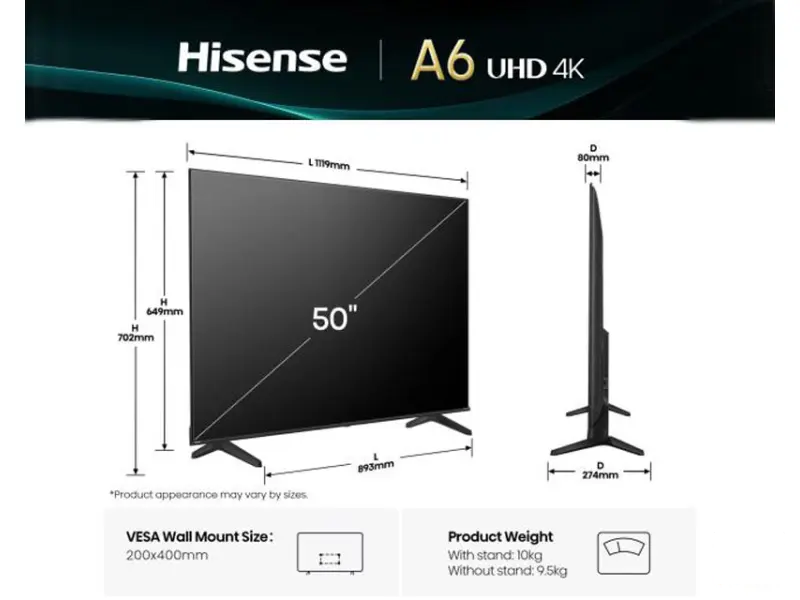 HISENSE 50 inča 50A6Q 4K UHD Smart TV 