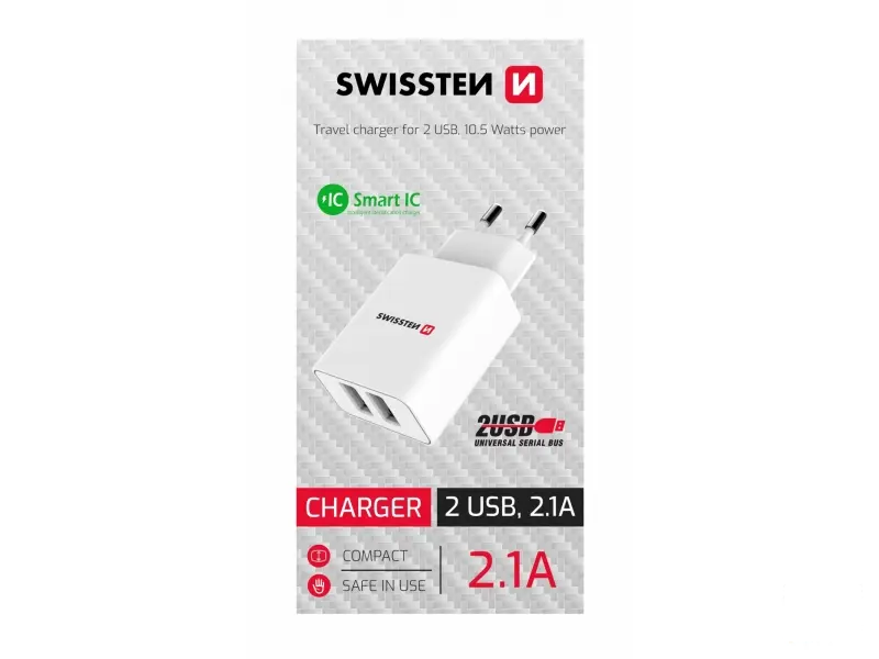 Swissten Travel charger Smart IC 2x USB-A power white