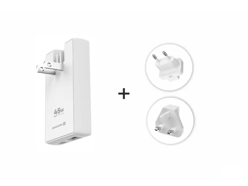 Swissten Travel Power Adapter GaN USB-C + USB-A, 45 W, US, EU, UK, white