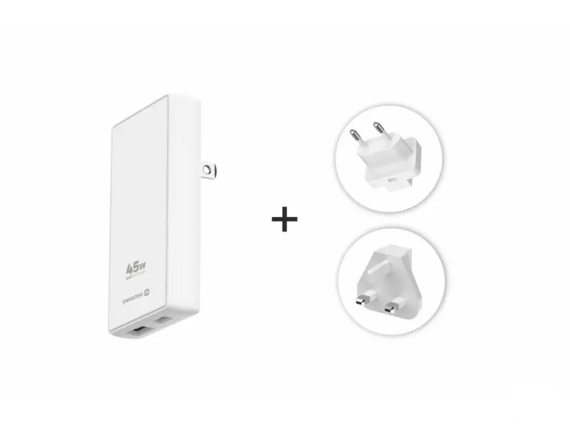 Swissten Travel Power Adapter GaN USB-C + USB-A, 45 W, US, EU, UK, white