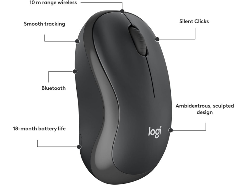 LOGITECH M240 Silent Bluetooth Mouse, Graphite, DPI 400-4000, 3 Buttons, 1 x AA Battery