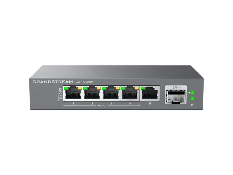 Grandstream GWN7700MP GWN7700MP PoE svič, 5 x 100M/GE/2.5GE (4 x PoE+,57W) + 10G SFP+, desktop