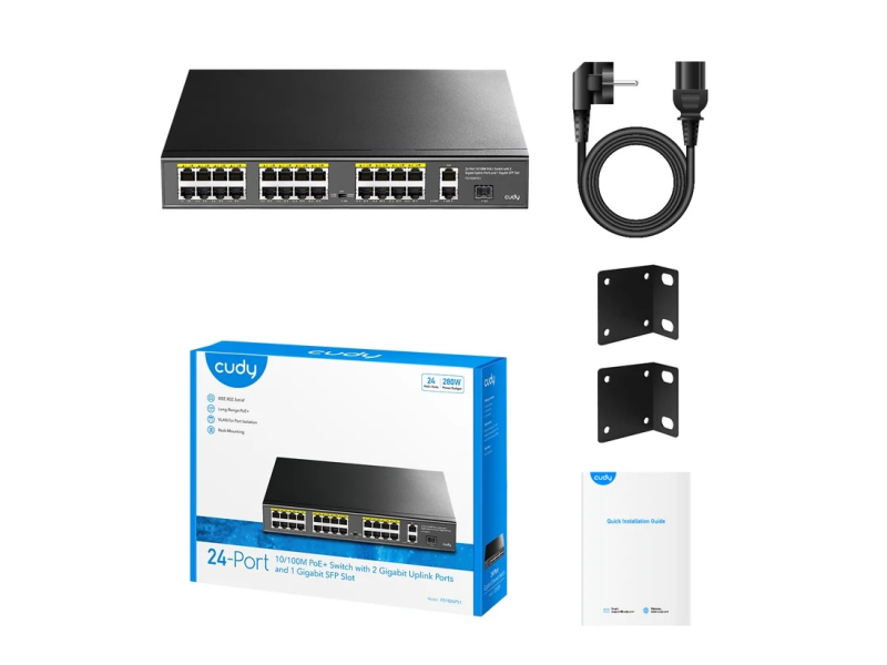 CUDY FS1026PS1 PoE + switch 26-port (24 PoE + 802.11 af/at do 30W po portu/ukupno do 300W + 2 Giga 10/100/1000 Mb/s /1 SFP slot), VLAN & CCTV extend mode 250m, PoE Watcdog & prenaponske, MTBF >100,000h (11.4 god), -20C / 50C