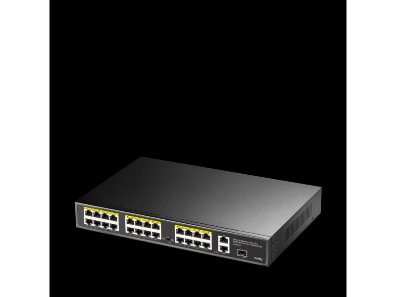 CUDY FS1026PS1 PoE + switch 26-port (24 PoE + 802.11 af/at do 30W po portu/ukupno do 300W + 2 Giga 10/100/1000 Mb/s /1 SFP slot), VLAN & CCTV extend mode 250m, PoE Watcdog & prenaponske, MTBF >100,000h (11.4 god), -20C / 50C