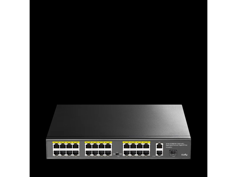 CUDY FS1026PS1 PoE + switch 26-port (24 PoE + 802.11 af/at do 30W po portu/ukupno do 300W + 2 Giga 10/100/1000 Mb/s /1 SFP slot), VLAN & CCTV extend mode 250m, PoE Watcdog & prenaponske, MTBF >100,000h (11.4 god), -20C / 50C