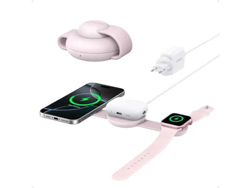 ANKER MagGo Bežični 3u1 sklopivi punjač roze 