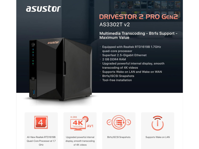 ASUSTOR NAS Storage Server DRIVESTOR 2 Pro AS3302T v2