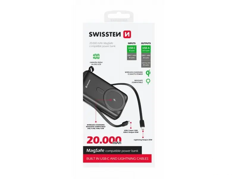 Swissten Power bank 20 000 mAh 20W, built-in  cables USB-C and Lightning, Magsafe compatible