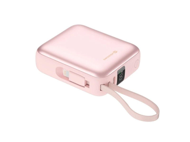 Swissten POWER BANK SPACE 10000 mAh WITH BUILT-IN CABLES USB-C AND LIGHTNING PINK