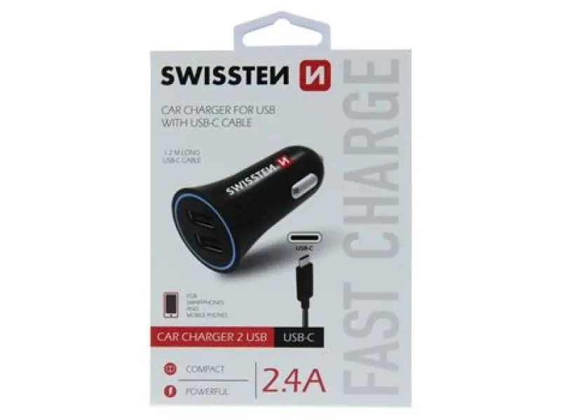 Swissten Car charger 2.4A power 2x USB, cable USB-C