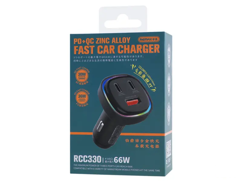 REMAX RCC-330 3u1 Fast auto punjač RGB crni 