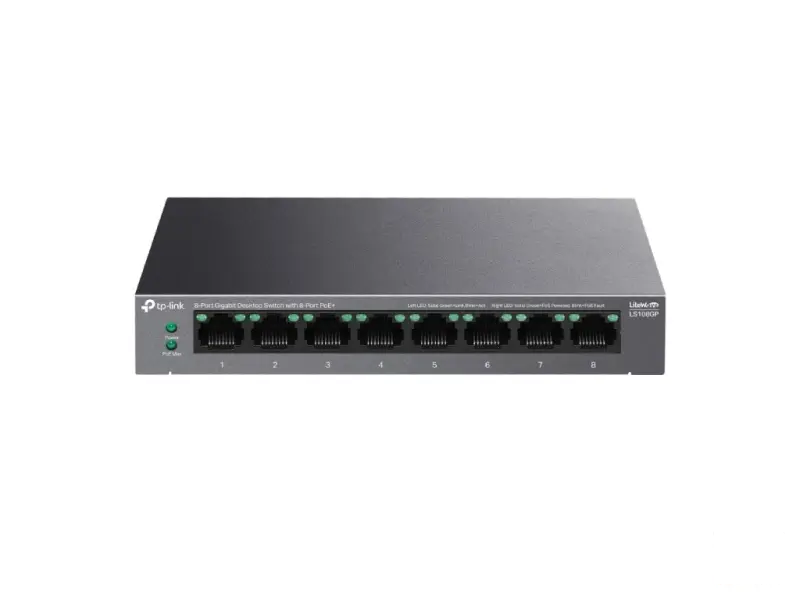 TP-LINK LS108GP 8-Port Gigabit Desktop Switch with 8-Port PoE+ , 62 W PoE Budget, Metal Casing