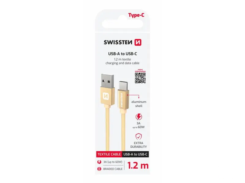 Swissten Data kabl Textile USB / USB-C 1.2m Gold