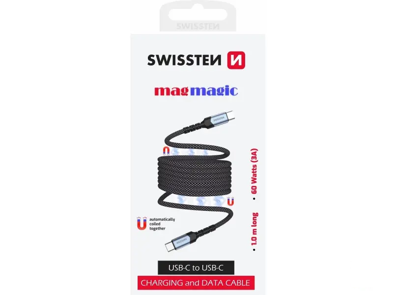 Swissten Data kabl Magnetic Self-Winding USB-C To USB-C - 1m