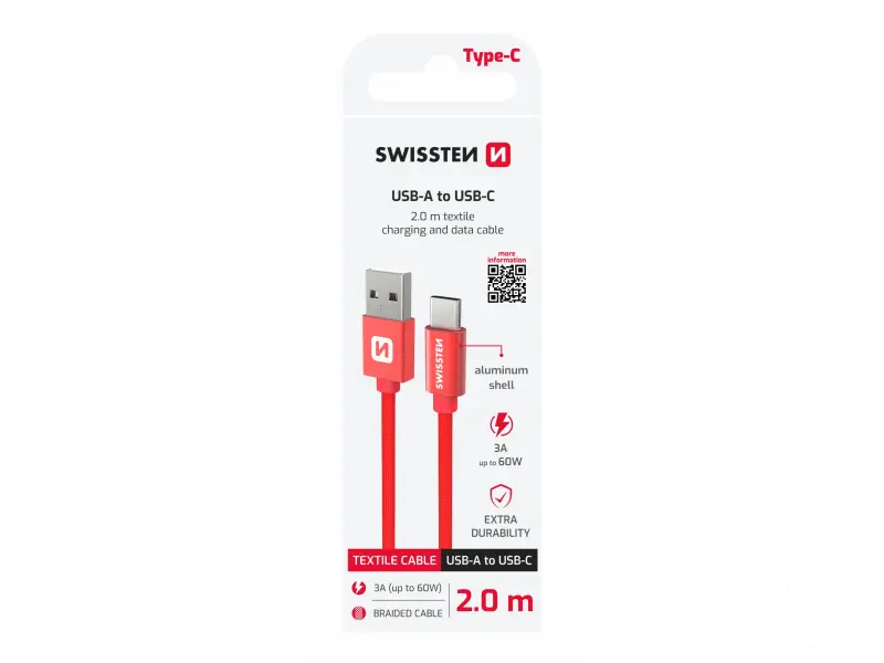 Swissten Data kabl Textile USB / USB-C 2m Red