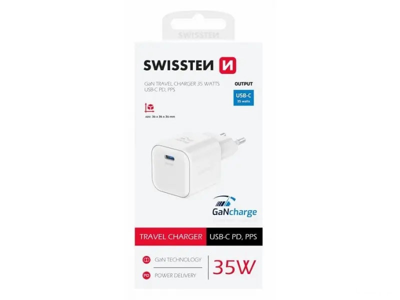 Swissten Travel charger 1x USB-C 35W PD, white