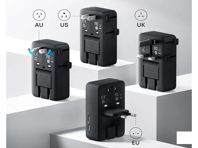 ANKER Nano 20W putni zidni punjač 5-portova (2x USB-A, 2x USB-C, utičnica EU na US, UK, AU i EU), crni 