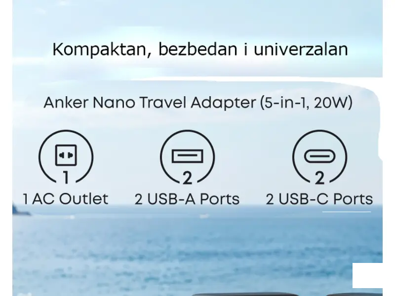 ANKER Nano 20W putni zidni punjač 5-portova (2x USB-A, 2x USB-C, utičnica EU na US, UK, AU i EU), crni 