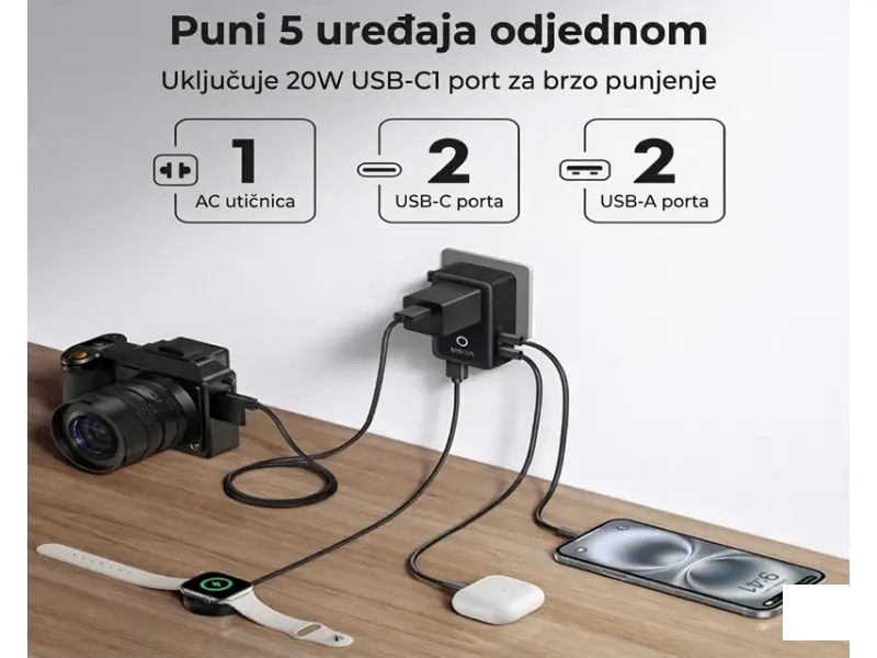 ANKER Nano 20W putni zidni punjač 5-portova (2x USB-A, 2x USB-C, utičnica EU na US, UK, AU i EU), crni 
