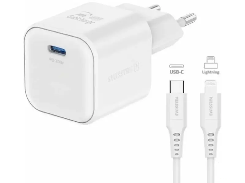 Swissten Travel charger GaN 1x USB-C 20W PD white, data cable USB-C/Lightning 1.2, white