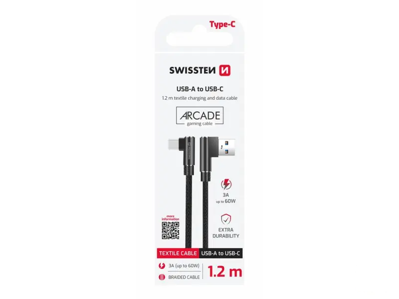 Swissten Kabl Arcade Gaming USB To Type-C 100W USB 1.2m - Black