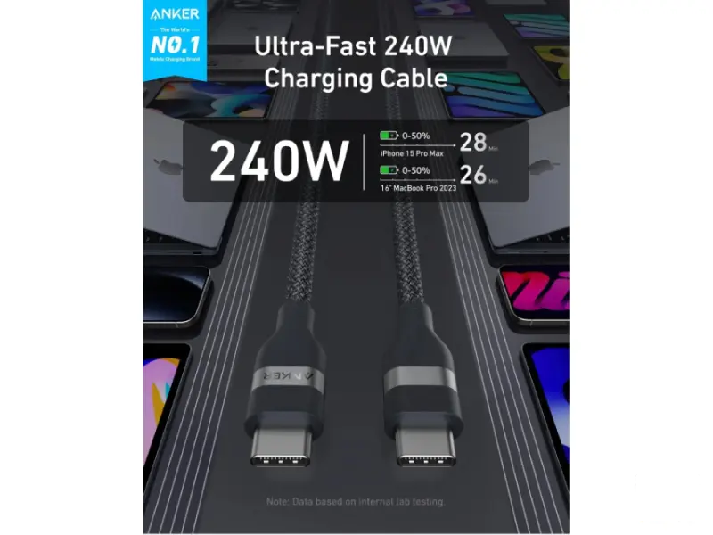 ANKER USB tip-C kabl M/M 0.9m, za Super brzo punjenje 240W/480Mbps, pleteni, crni 