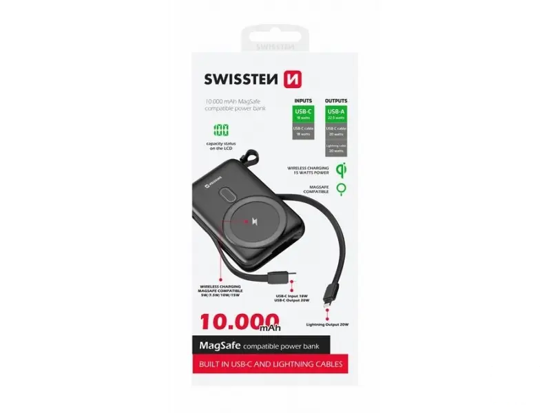 Swissten Powerbank 10 000 mAh 20W, built-in cables
