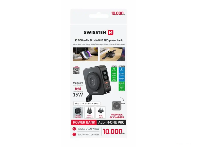 Swissten Powerbank All-In-One Pro with Exchangeable Plugs (US, EU, UK) 10000 mAh 20w - Black