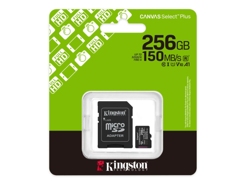 KINGSTON Micro SDXC 256GB CANVAS Select Plus C10 + SD Adapter, A1, U1, V10 up to 150 MB/s , UHS-I
